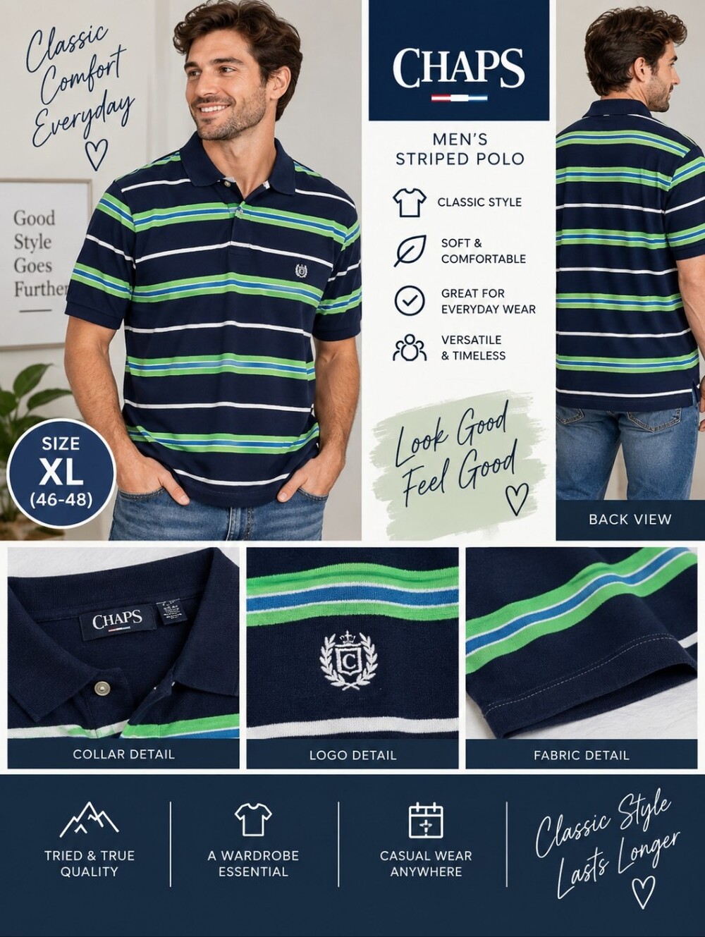 Chaps Men's size XL Striped Polo Shirt Blue Green White #19